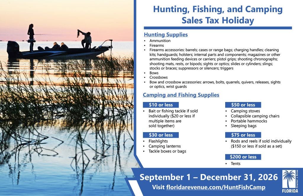 Hunting, Fishing, and Camping sales tax holiday 9/1/2026 thru 12/31/2026