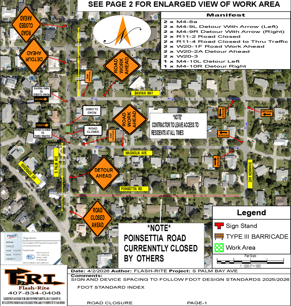 A map showing the closure on South Palm Avenue and detour route