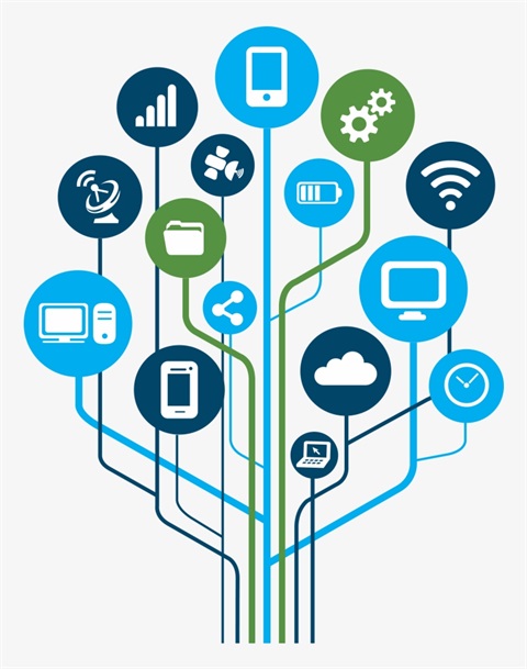 tree diagram showing various symbols related to technology